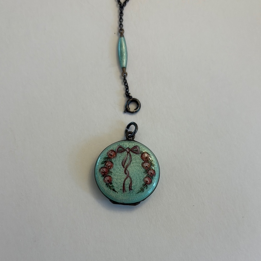 Antique Guilloche Green and Pink Painted Enamel Floral Locket Necklace